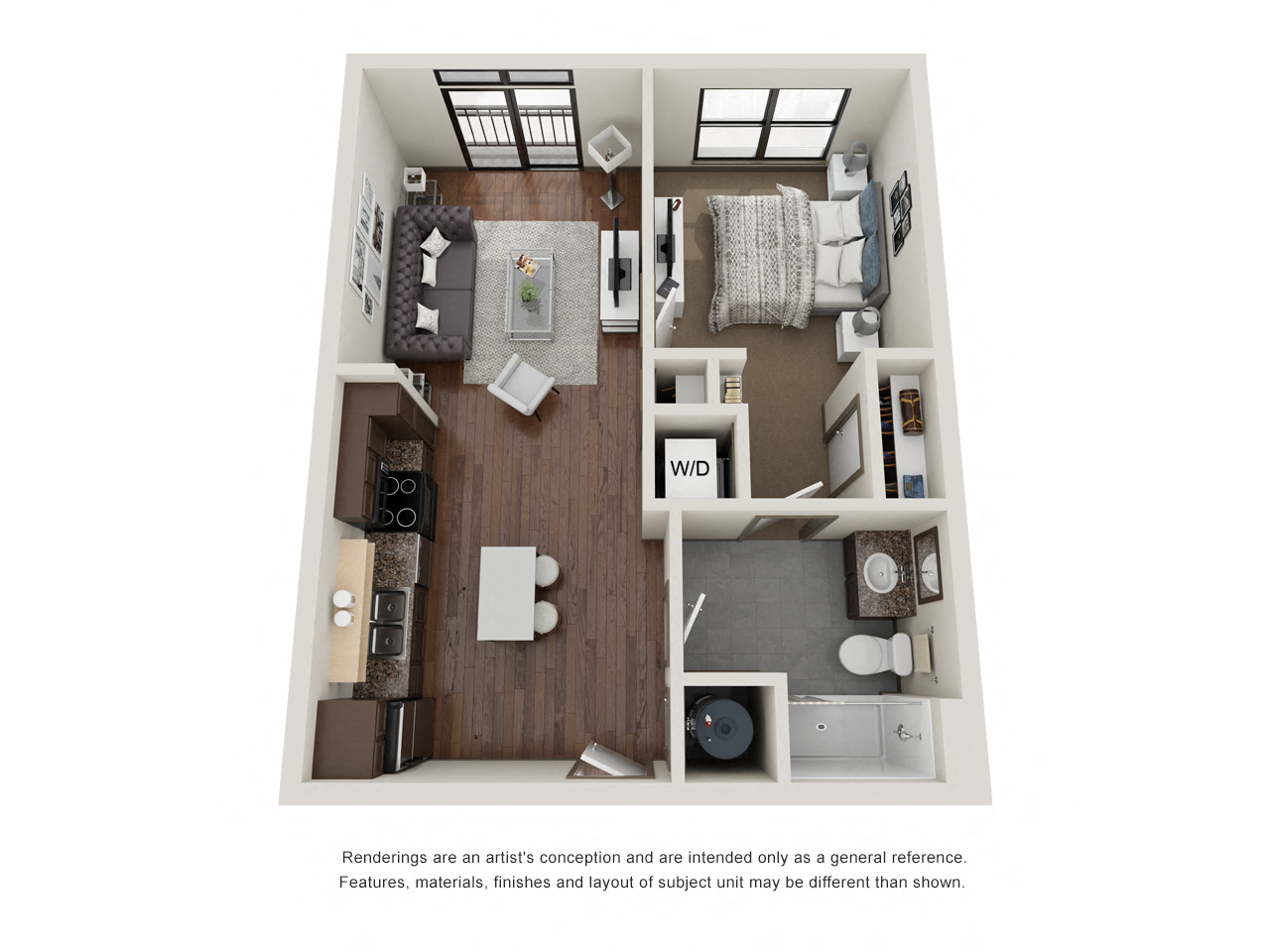 Floor plan for 1 bed, 1 bath, 603 sqft